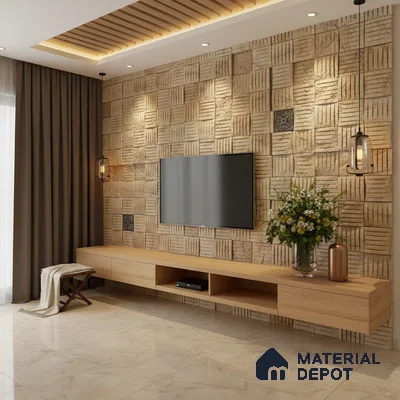Modern TV unit with beige stone cladding accent wall and light oak laminate floating cabinet in Bengaluru