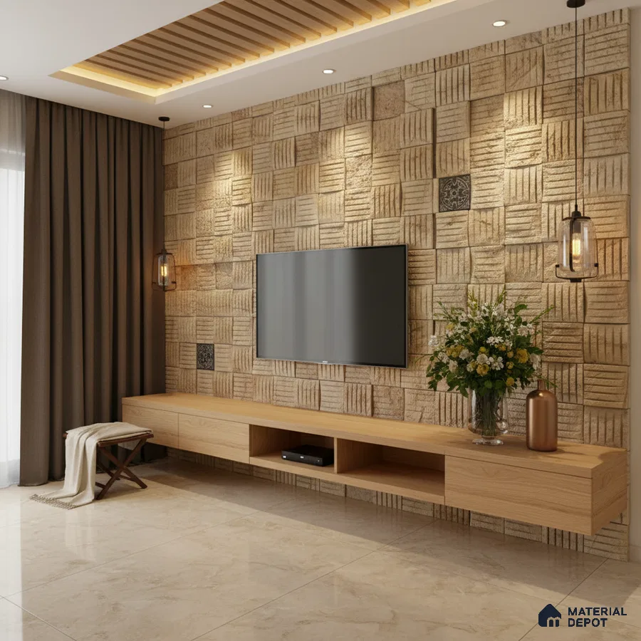 Modern TV unit with beige stone cladding accent wall and light oak laminate floating cabinet in Bengaluru