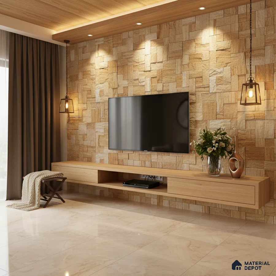 Modern TV unit with beige stone cladding wall and light oak laminate floating cabinet in Bengaluru