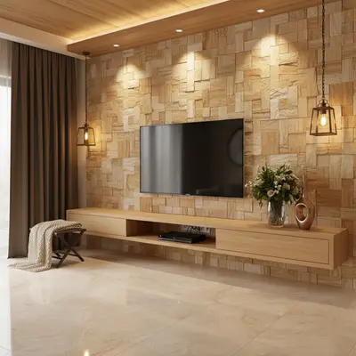 Modern TV unit with beige stone cladding wall and light oak laminate floating cabinet in Bengaluru
