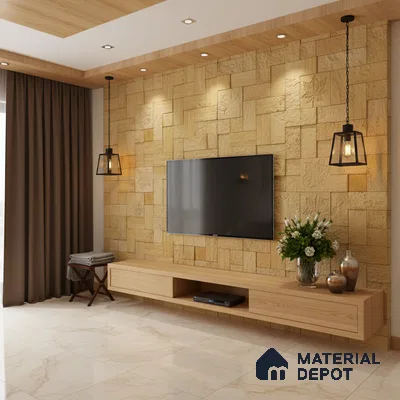 Modern TV unit with beige stone cladding wall and light oak laminate floating cabinet in Bengaluru