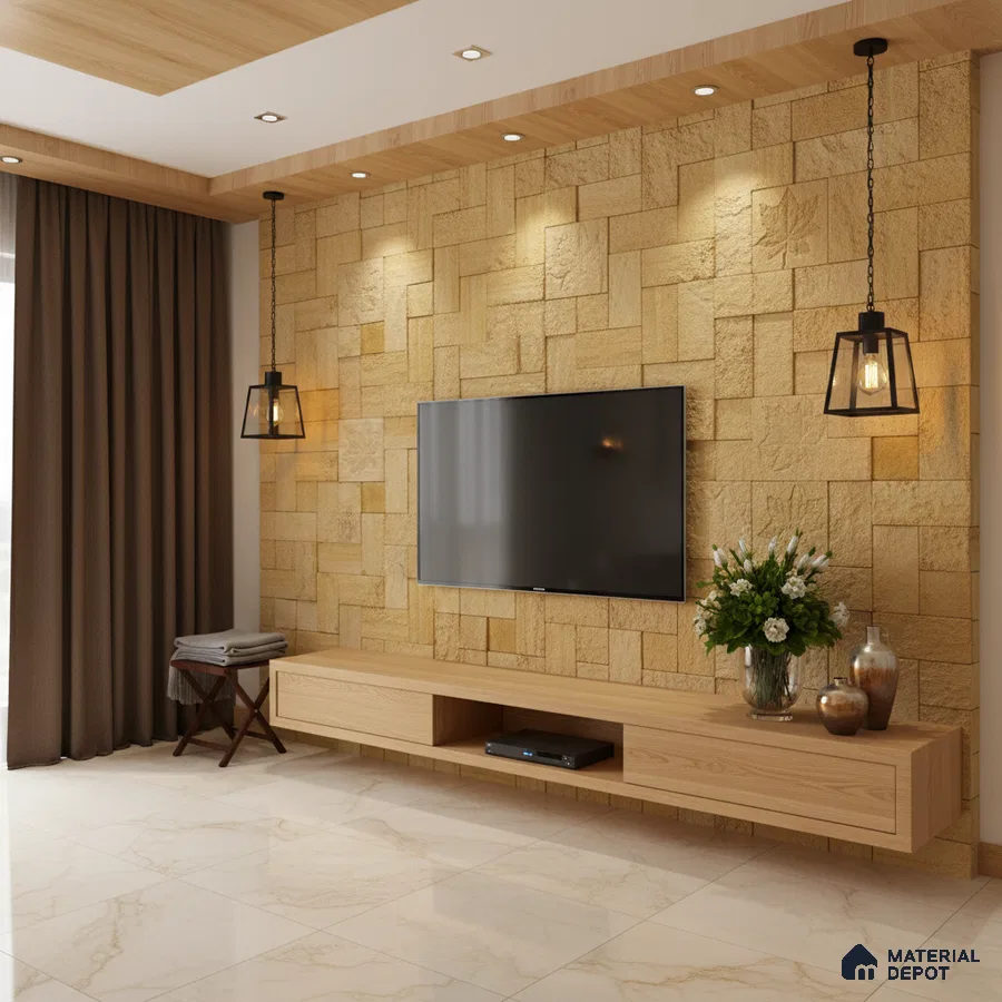 Modern TV unit with beige stone cladding wall and light oak laminate floating cabinet in Bengaluru