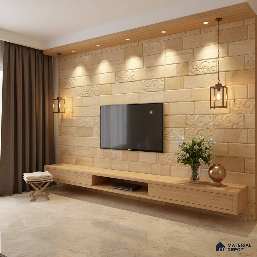 Modern TV unit with beige stone cladding wall and light oak laminate floating cabinet in Bengaluru