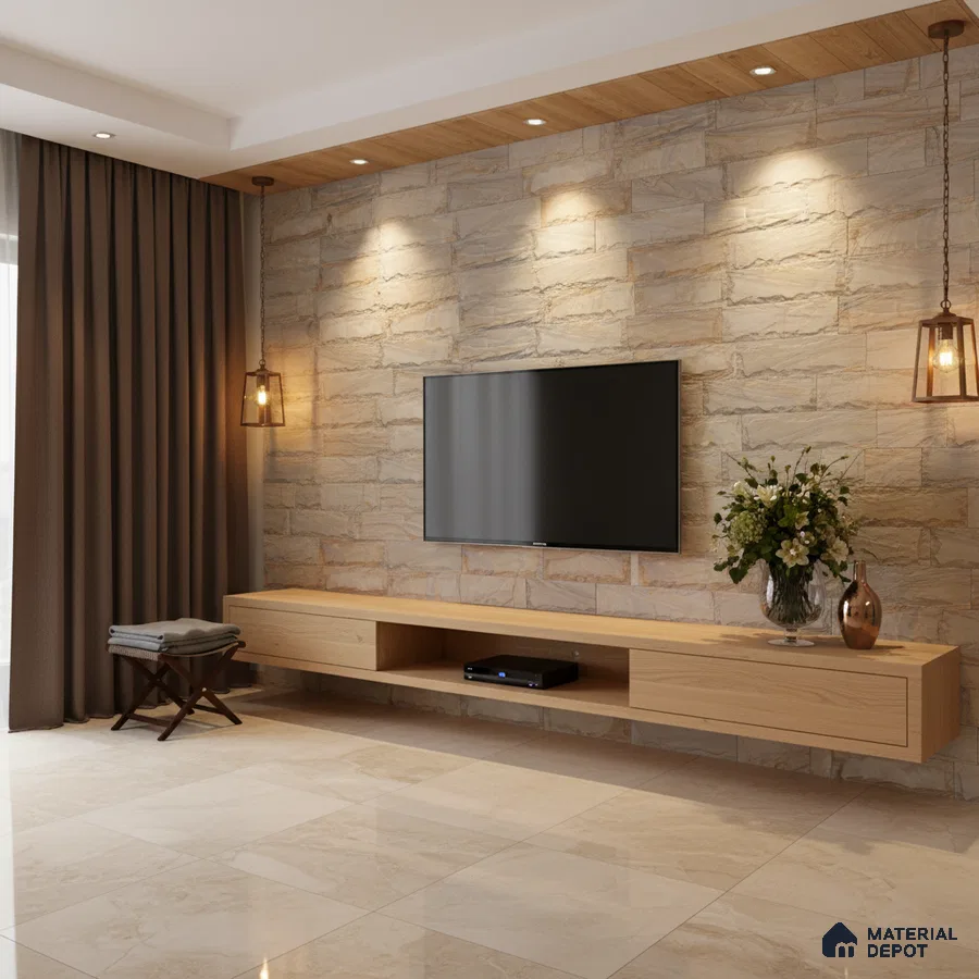 Modern TV unit with beige stone cladding wall and light oak laminate floating cabinet in Bengaluru