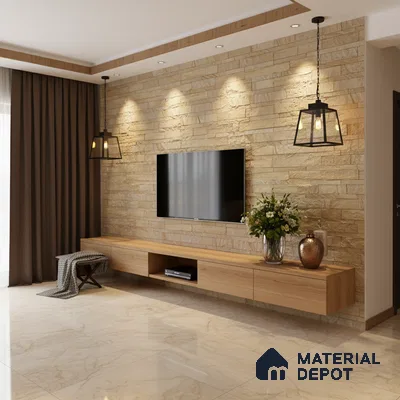 Modern TV unit with beige stone cladding wall and light oak laminate floating cabinet in Bengaluru