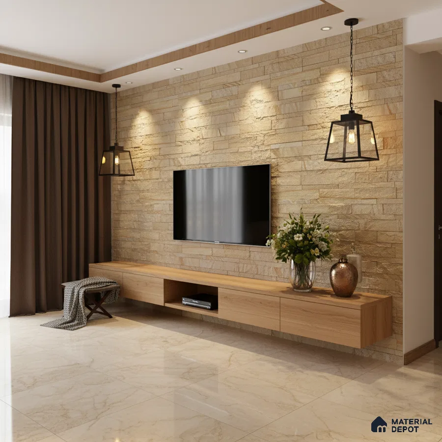 Modern TV unit with beige stone cladding wall and light oak laminate floating cabinet in Bengaluru
