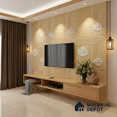 Modern TV unit with beige stone cladding wall and light oak laminate floating cabinet in Bengaluru