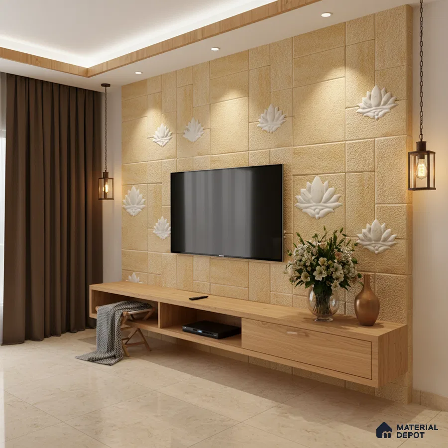 Modern TV unit with beige stone cladding wall and light oak laminate floating cabinet in Bengaluru