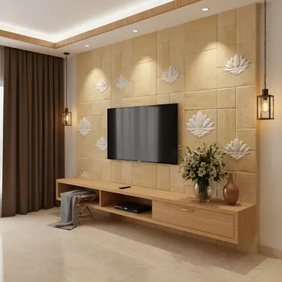 Modern TV unit with beige stone cladding wall and light oak laminate floating cabinet in Bengaluru