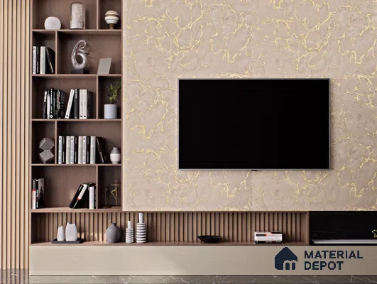 Modern TV Unit With Bold Black And Gold Marble Laminate | Material Depot