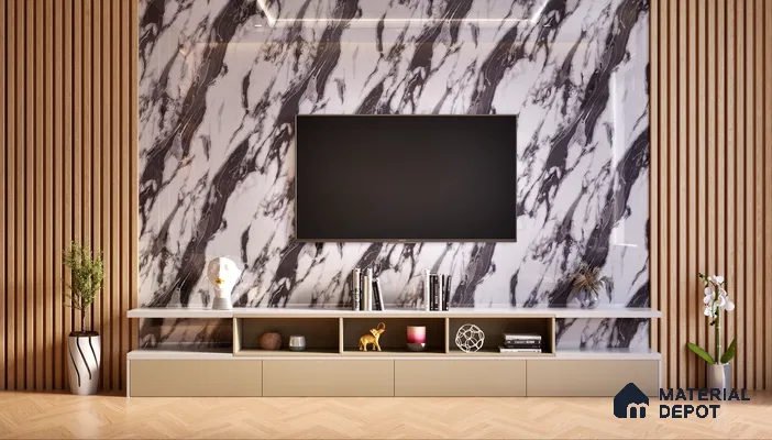 Modern TV Unit With Black And White Marble Laminate And Wooden Slats | Material Depot