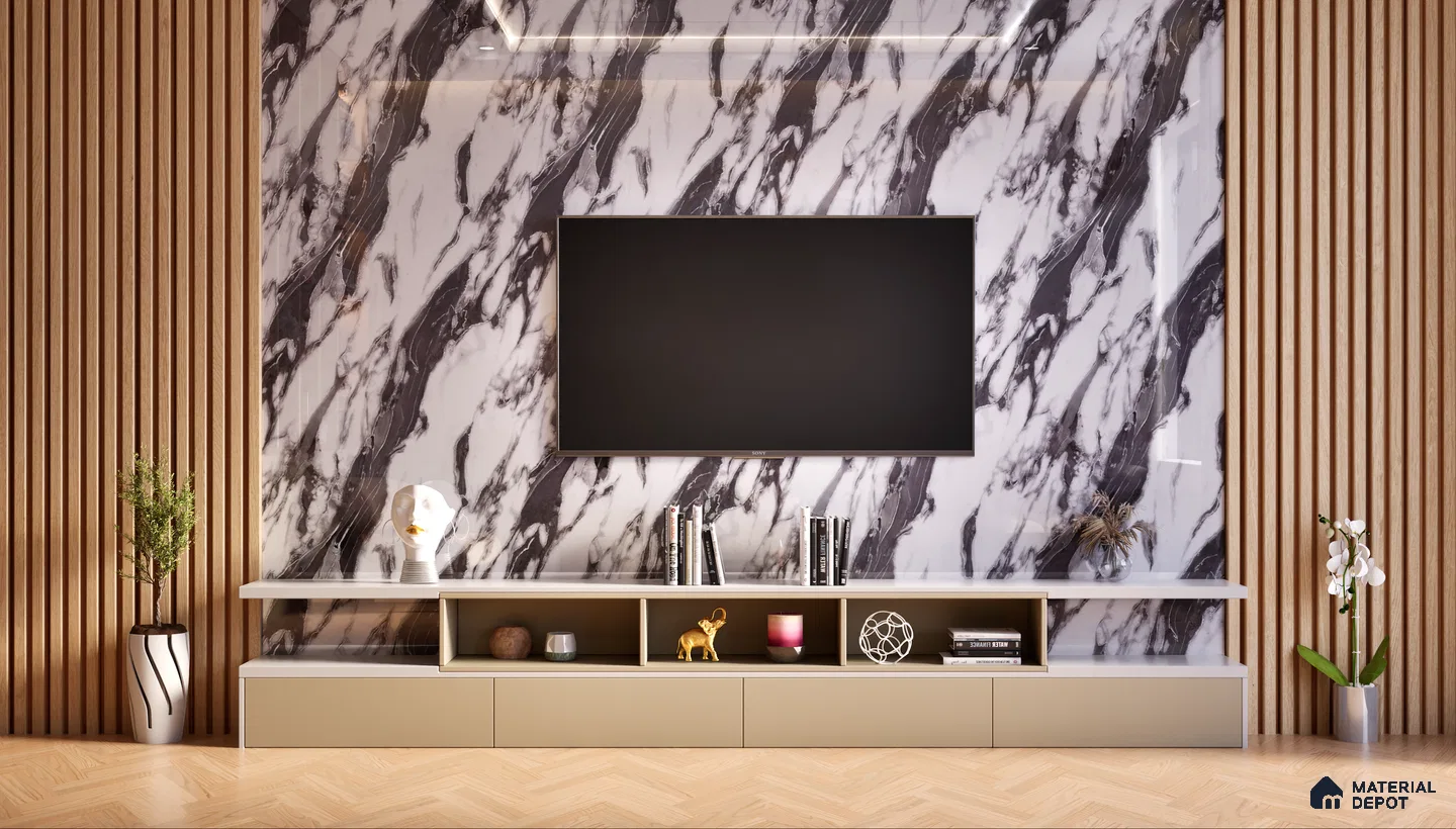 Modern TV Unit With Black And White Marble Laminate And Wooden Slats | Material Depot