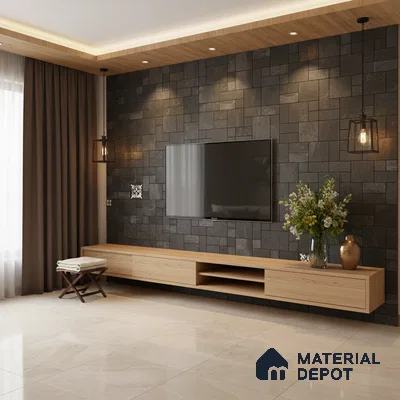 Modern TV unit with black stone cladding wall, light oak laminate floating cabinet, and beige marble floor tiles in Bengaluru