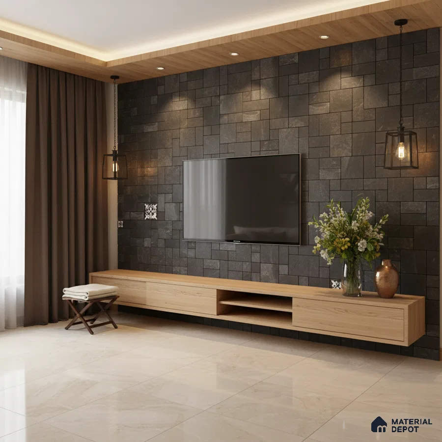 Modern TV unit with black stone cladding wall, light oak laminate floating cabinet, and beige marble floor tiles in Bengaluru