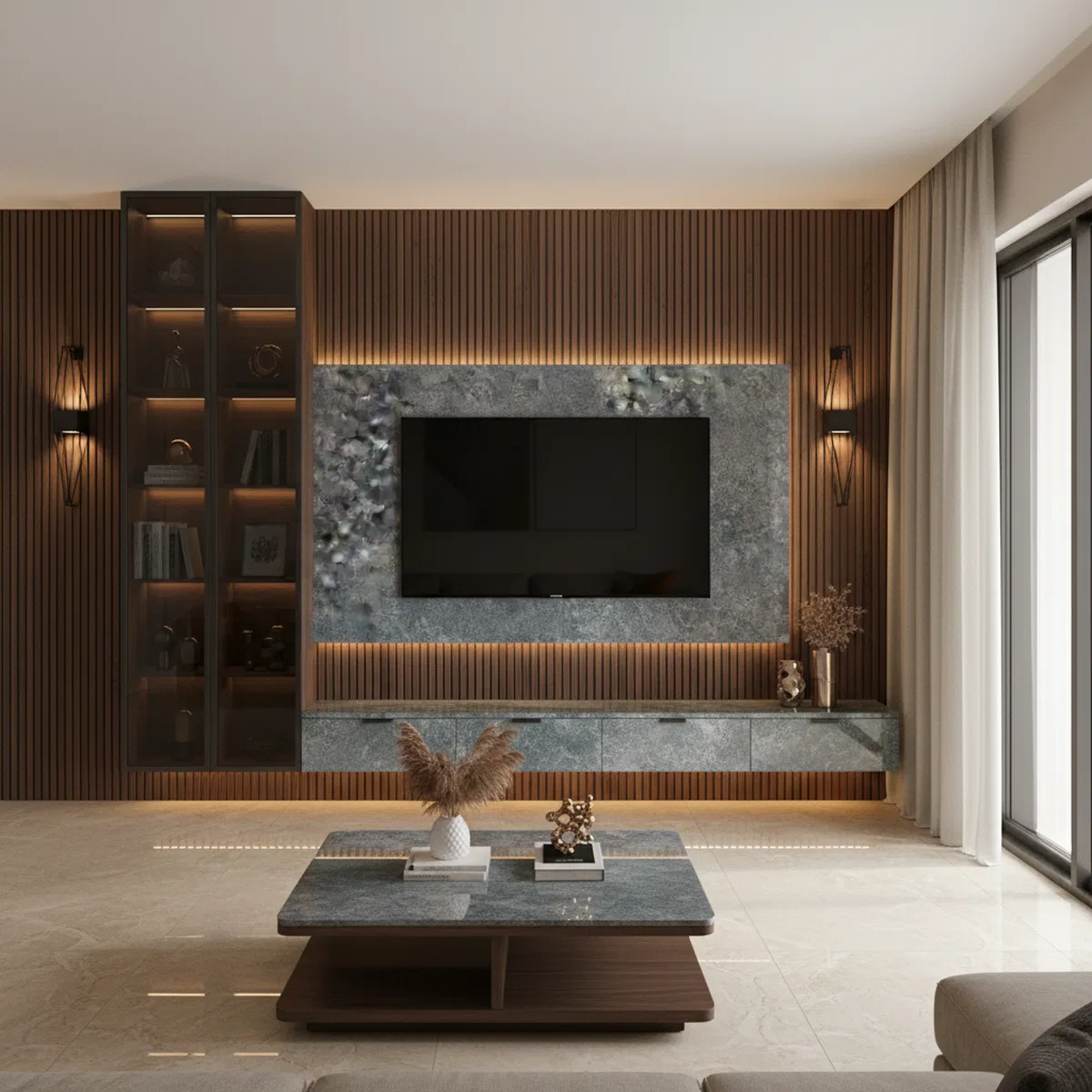 Modern TV unit with blue-grey marble laminate, walnut wood fluted ...