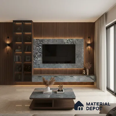 Modern living room with white marble laminate TV unit, walnut wood fluted wall panels, and beige marble floor tiles in Bengaluru