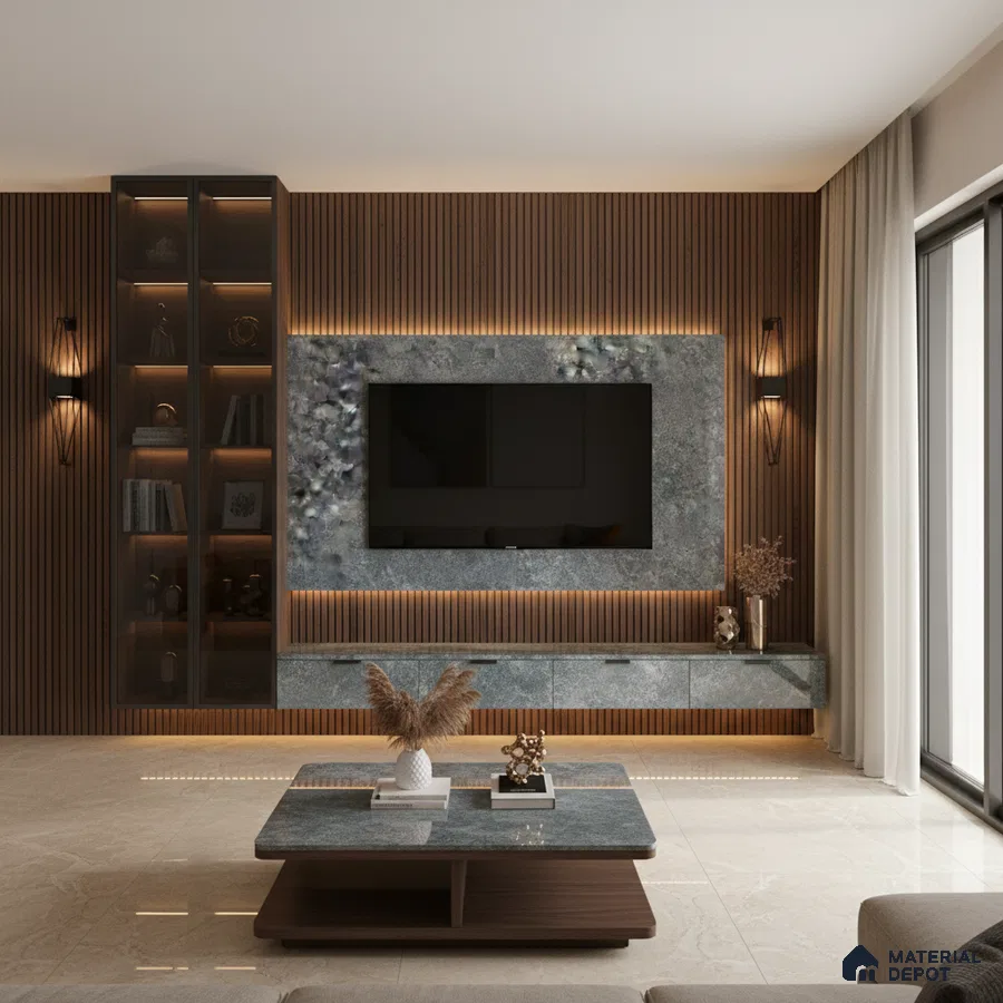 Modern living room with white marble laminate TV unit, walnut wood fluted wall panels, and beige marble floor tiles in Bengaluru
