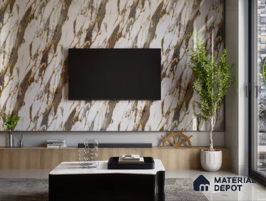 Luxury TV Unit With Grey Marble Laminate And Gold Veining | Material Depot