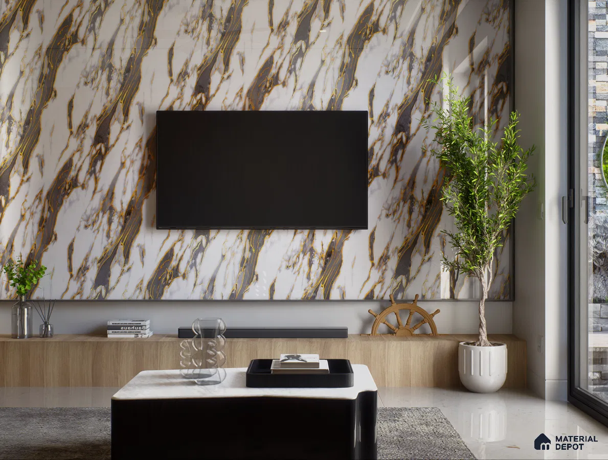 Luxury TV Unit With Grey Marble Laminate And Gold Veining | Material Depot