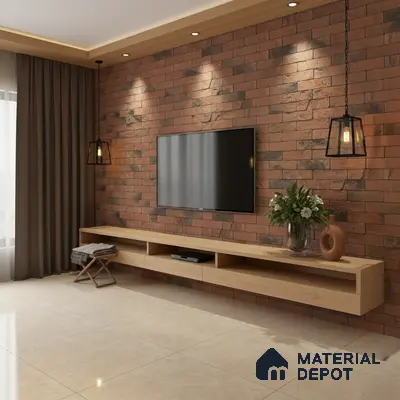Modern TV unit with brick cladding accent wall and light oak laminate floating cabinet in Bengaluru