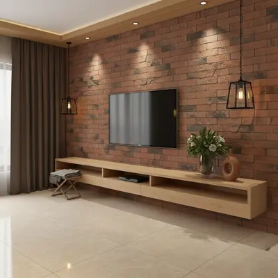 Modern TV unit with brick cladding accent wall and light oak laminate floating cabinet in Bengaluru