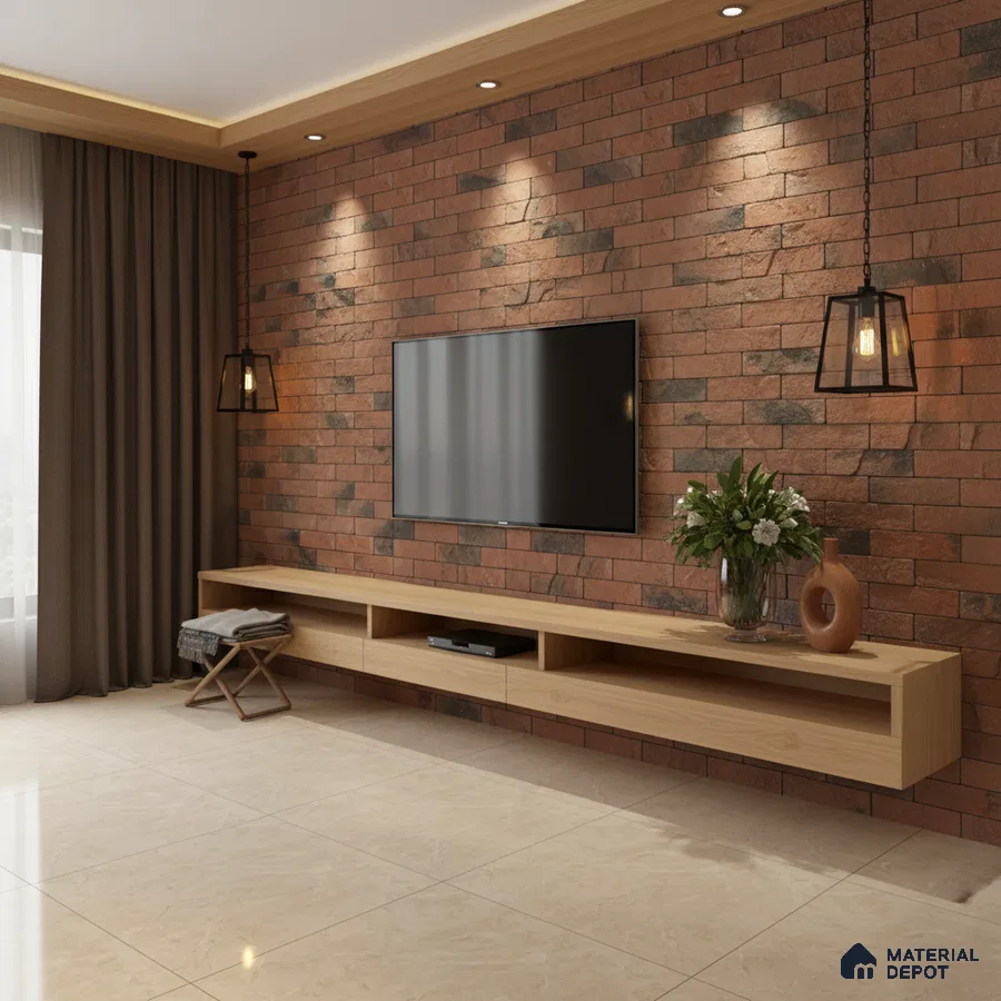 Modern TV unit with brick cladding accent wall and light oak laminate floating cabinet in Bengaluru
