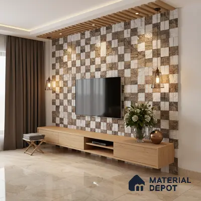 Modern TV unit with checkered stone cladding accent wall and light oak laminate floating cabinet in Bengaluru