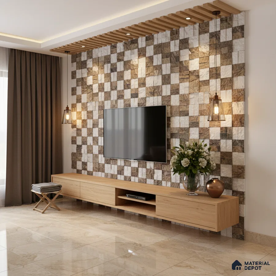 Modern TV unit with checkered stone cladding accent wall and light oak laminate floating cabinet in Bengaluru