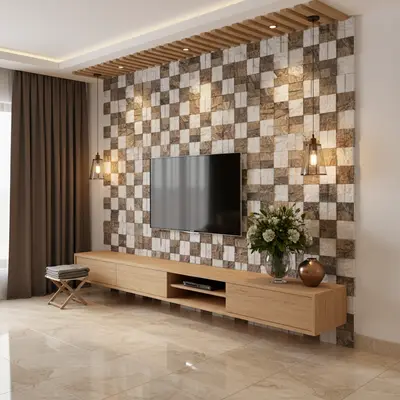 Modern TV unit with checkered stone cladding accent wall and light oak laminate floating cabinet in Bengaluru