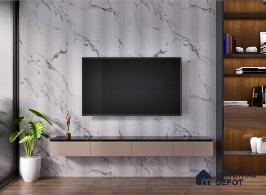 Modern TV Unit with Fluted Marble Panels and Sleek Storage | Material Depot