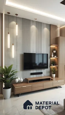 Modern TV Unit with Fluted Panel Backdrop and Wooden Console in 2 BHK Sobha Palm Springs, Varthur | Material Depot