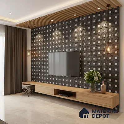 Modern TV unit with geometric black stone cladding and light oak laminate floating cabinet in Bengaluru
