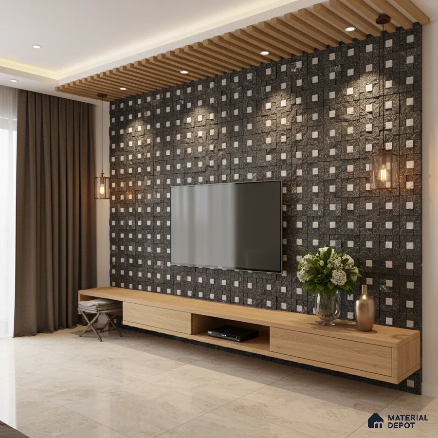 Modern TV unit with geometric black stone cladding and light oak laminate floating cabinet in Bengaluru