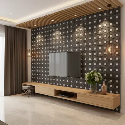 Modern TV unit with geometric black stone cladding and light oak laminate floating cabinet in Bengaluru