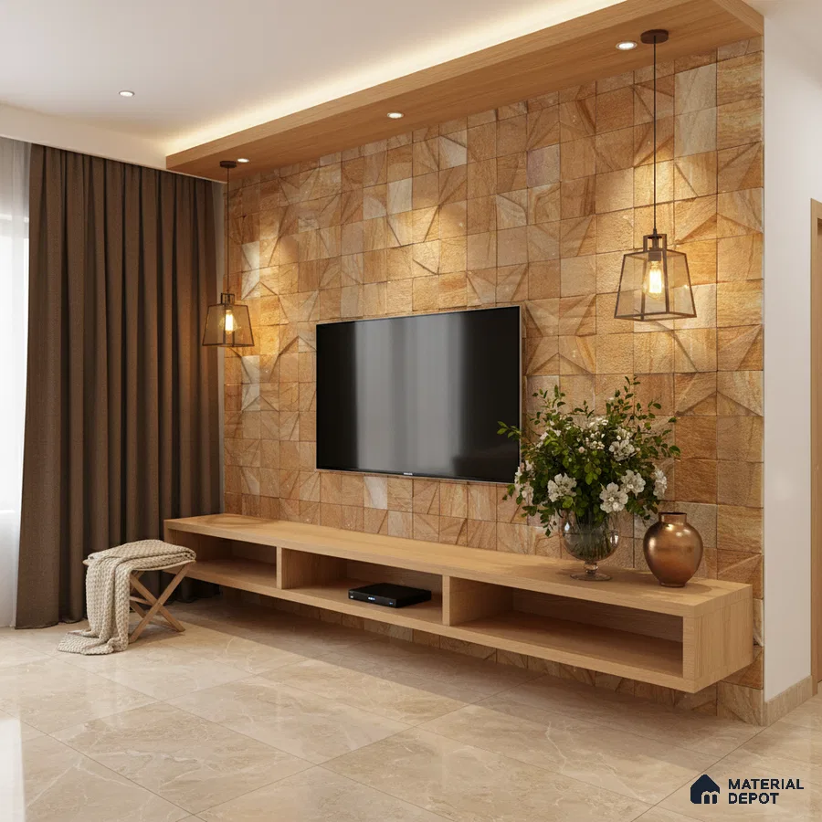 Modern TV unit with geometric stone cladding and light oak laminate floating cabinet in Bengaluru