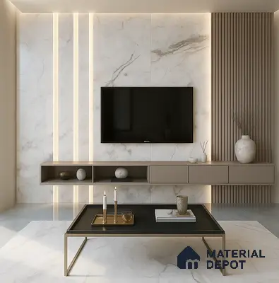 Modern TV Unit with Glossy Stone-Look Laminate and Fluted Panel Accents in 2 BHK Nagarjuna Meadows, Yelahanka | Material Depot