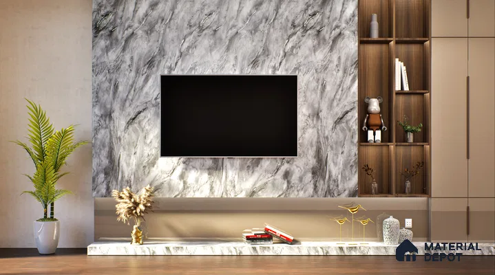 Modern TV Unit With Grey Marble Laminate And Wooden Shelves | Material Depot