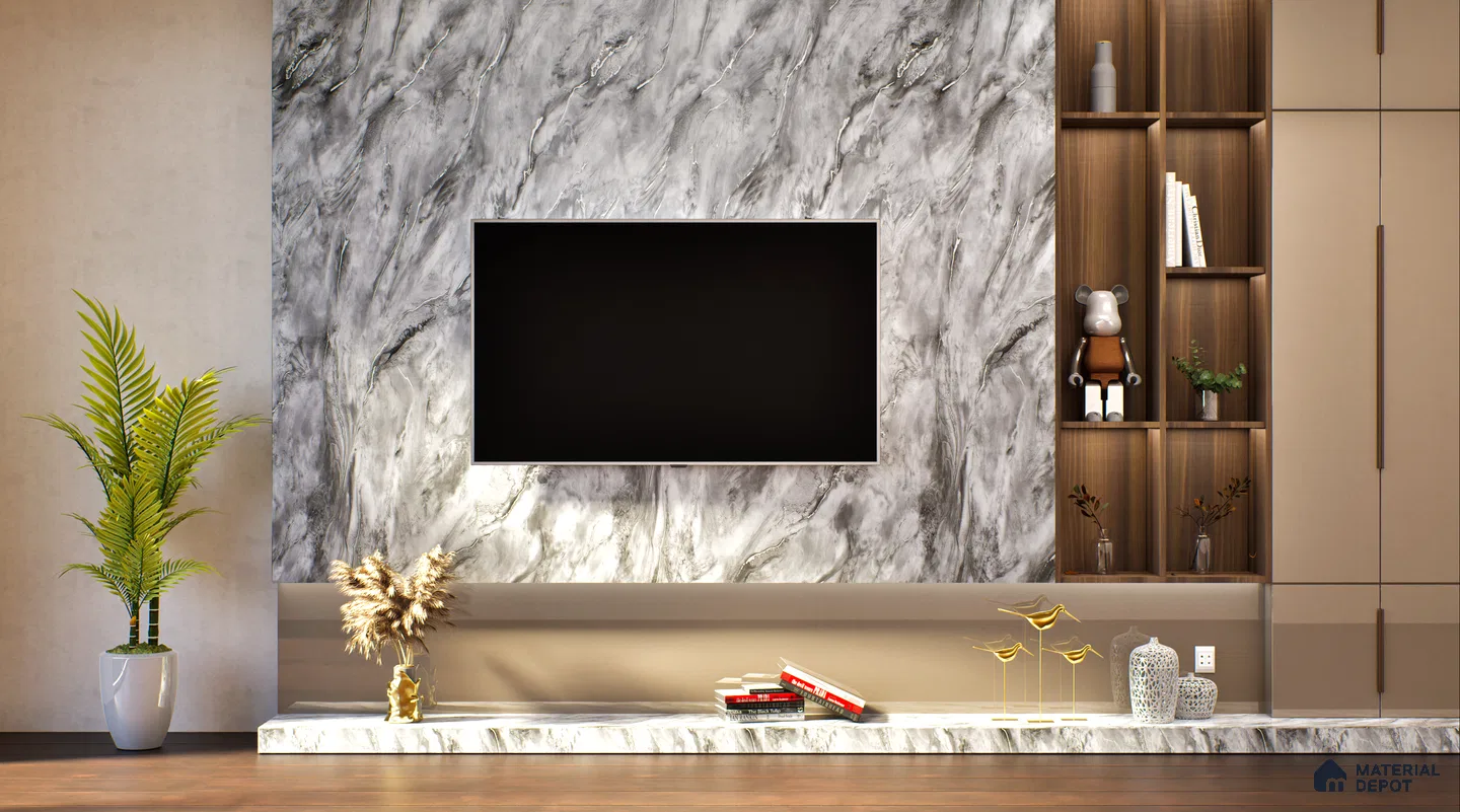 Modern TV Unit With Grey Marble Laminate And Wooden Shelves | Material Depot