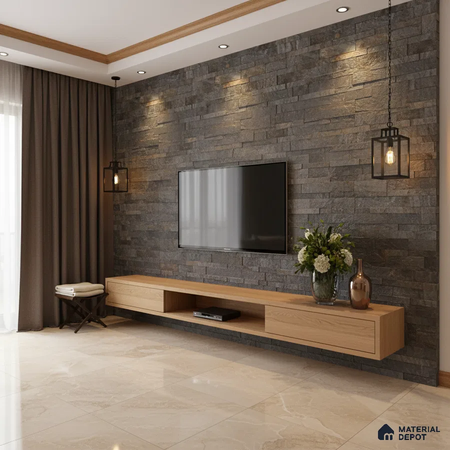 Modern TV unit with grey stacked stone cladding and light oak laminate floating cabinet in Bengaluru