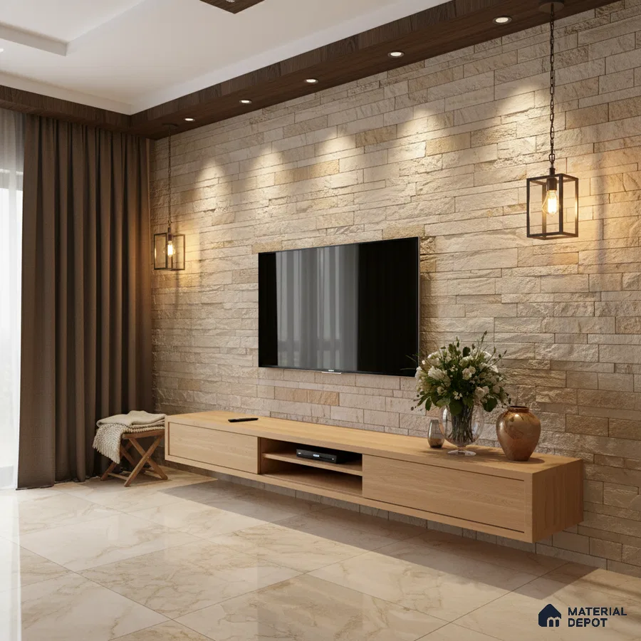 Modern TV unit with light oak laminate, beige stone cladding wall, and marble floor tiles in Bengaluru