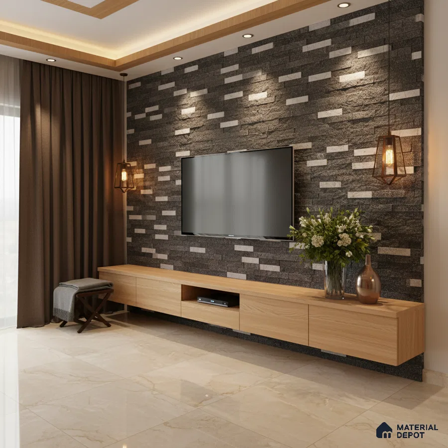 Modern TV unit with light oak laminate cabinet and grey stone cladding accent wall in Bengaluru