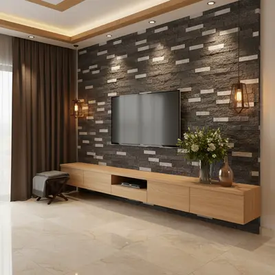 Modern TV unit with light oak laminate cabinet and grey stone cladding accent wall in Bengaluru