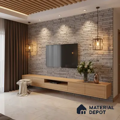 Modern TV unit with light oak laminate, grey stone cladding wall, and marble floor tiles in Bengaluru