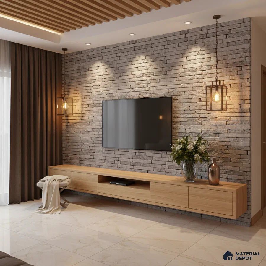 Modern TV unit with light oak laminate, grey stone cladding wall, and marble floor tiles in Bengaluru