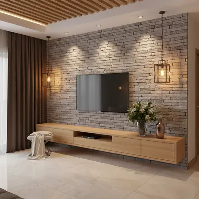 Modern TV unit with light oak laminate, grey stone cladding wall, and marble floor tiles in Bengaluru