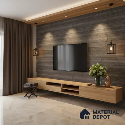 Modern TV unit with light oak laminate, textured grey wall panels, and beige marble floor tiles in Bengaluru