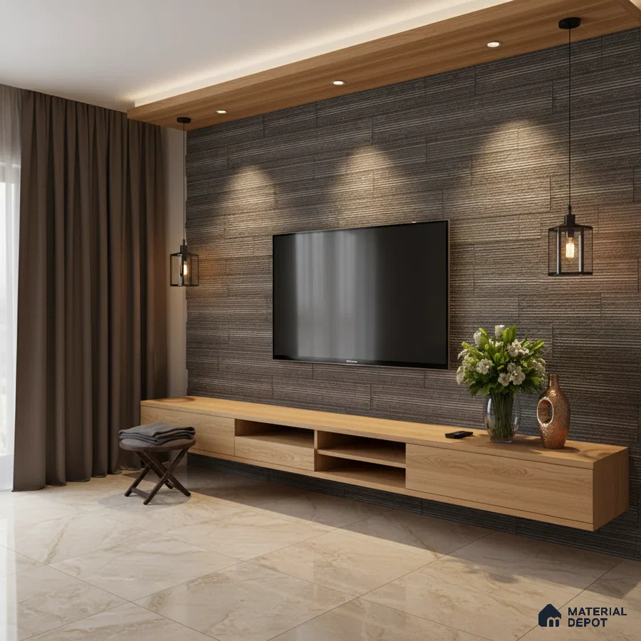 Modern TV unit with light oak laminate, textured grey wall panels, and beige marble floor tiles in Bengaluru