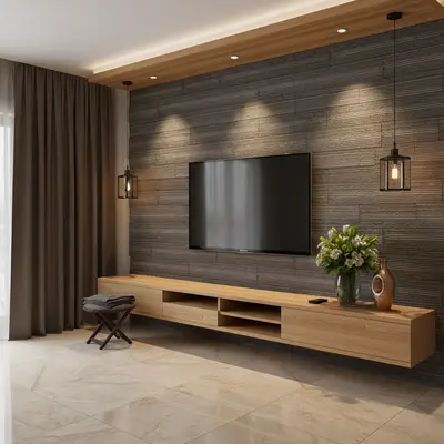 Modern TV unit with light oak laminate, textured grey wall panels, and beige marble floor tiles in Bengaluru