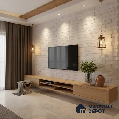 Modern TV unit with light oak laminate, textured stone cladding wall, and beige marble floor tiles in Bengaluru