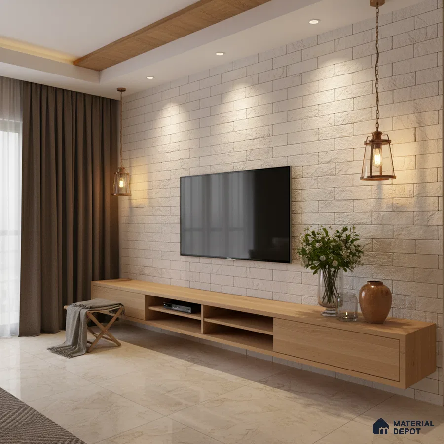 Modern TV unit with light oak laminate, textured stone cladding wall, and beige marble floor tiles in Bengaluru